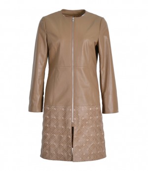 Women Beige Lambskin Collarless Coat