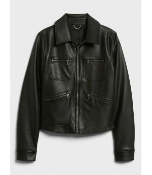 Women Vegan Leather 4-Pocket Jacket