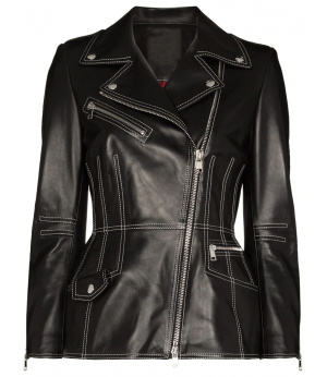 Women Contrast Stitching Lambskin Biker Jacket